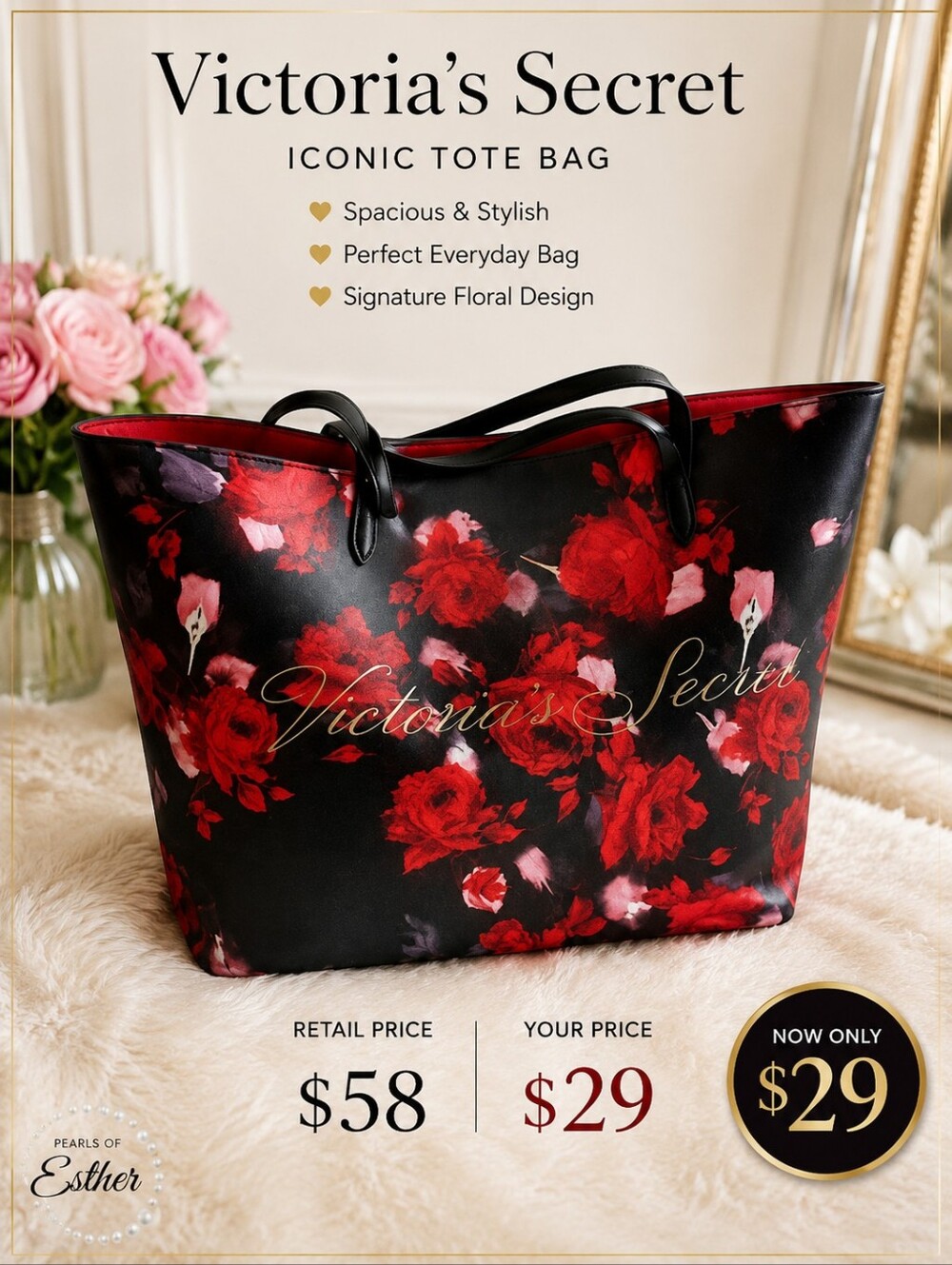 Victoria's Secret Black Tote with Red Floral Print and Gold Script